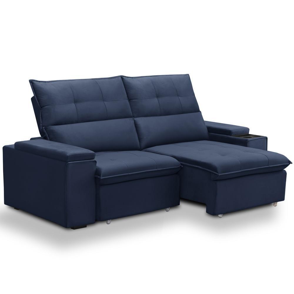 Sofá Retrátil Reclinável Para Sala 3 Lugares 210cm Niels F04 Veludo Azul - Lyam Decor - 1