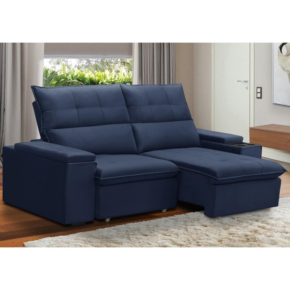 Sofá Retrátil Reclinável Para Sala 3 Lugares 210cm Niels F04 Veludo Azul - Lyam Decor - 3
