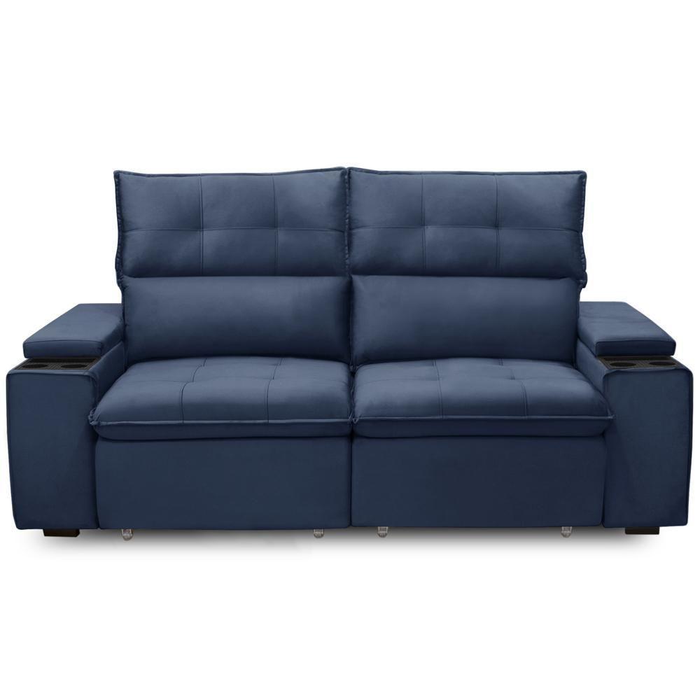 Sofá Retrátil Reclinável Para Sala 3 Lugares 210cm Niels F04 Veludo Azul - Lyam Decor - 4