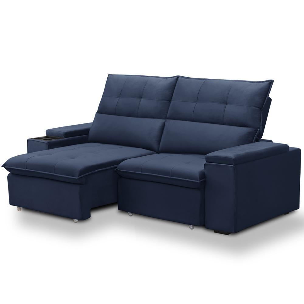 Sofá Retrátil Reclinável Para Sala 3 Lugares 210cm Niels F04 Veludo Azul - Lyam Decor - 10