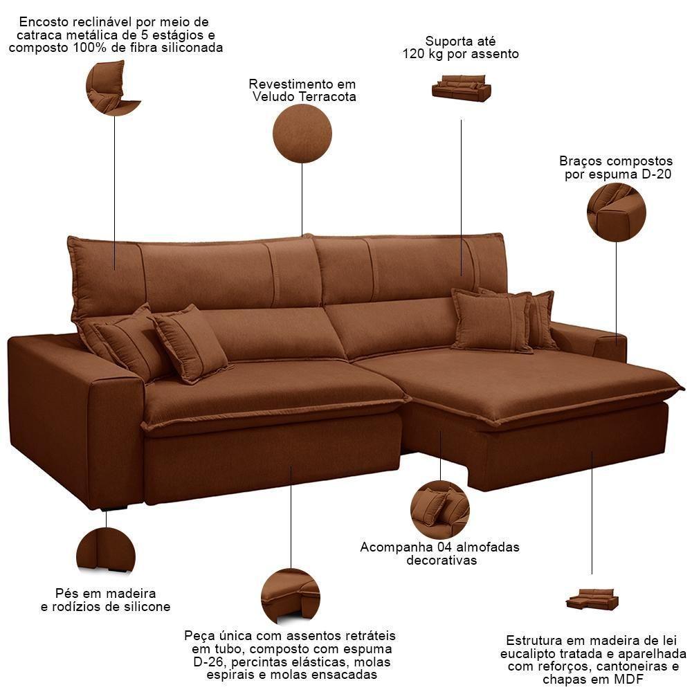 Sofá Retrátil Reclinável Para Sala 3 Lugares 230cm Aisha F04 Veludo Terracota - Lyam Decor - 3
