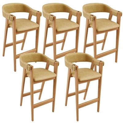 Kit 5 Banquetas Alta Nadja L02 Assento Courino Base Madeira Encosto Fixo Fendi