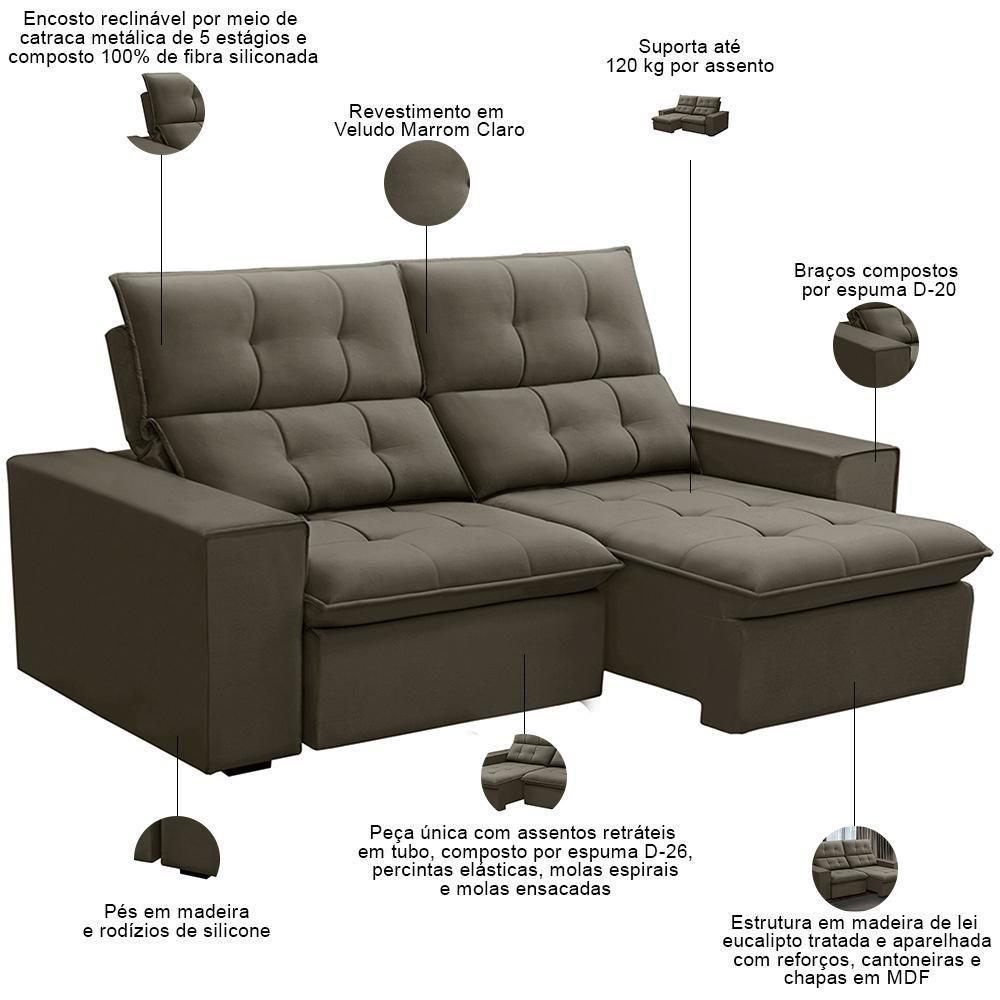 Sofá Retrátil Reclinável Para Sala 3 Lugares 210cm Vincent F04 Veludo Marrom Claro - Lyam Decor - 3