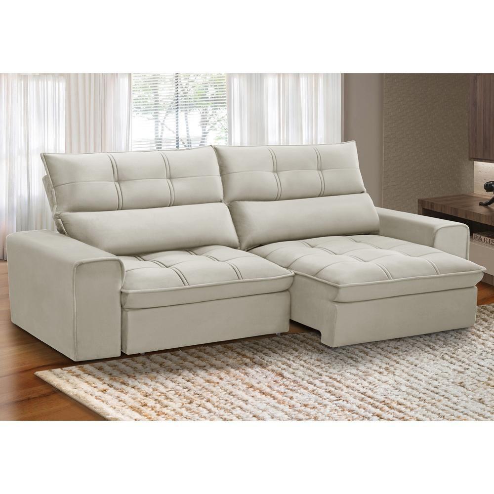 Sofá Retrátil Reclinável Para Sala 3 Lugares 210cm Asaph F04 Veludo Bege - Lyam Decor - 2