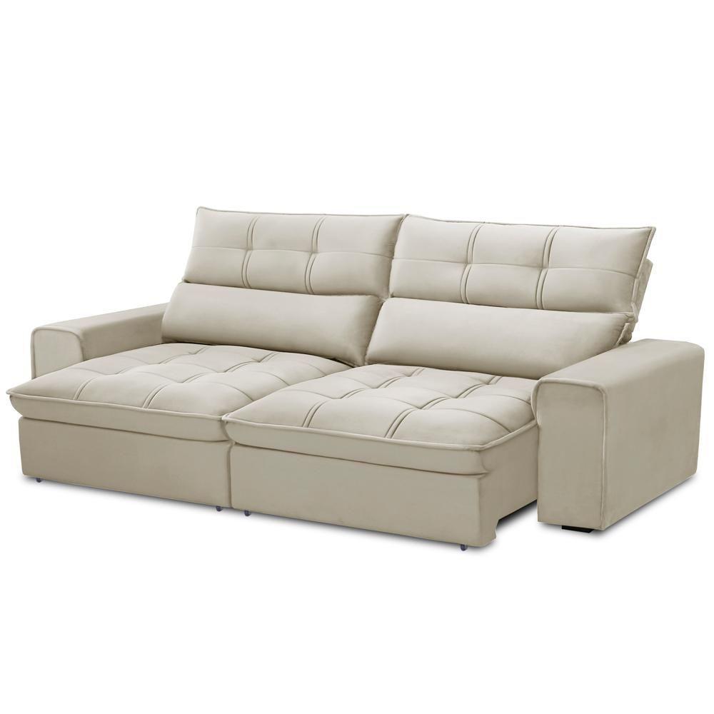 Sofá Retrátil Reclinável Para Sala 3 Lugares 210cm Asaph F04 Veludo Bege - Lyam Decor - 6