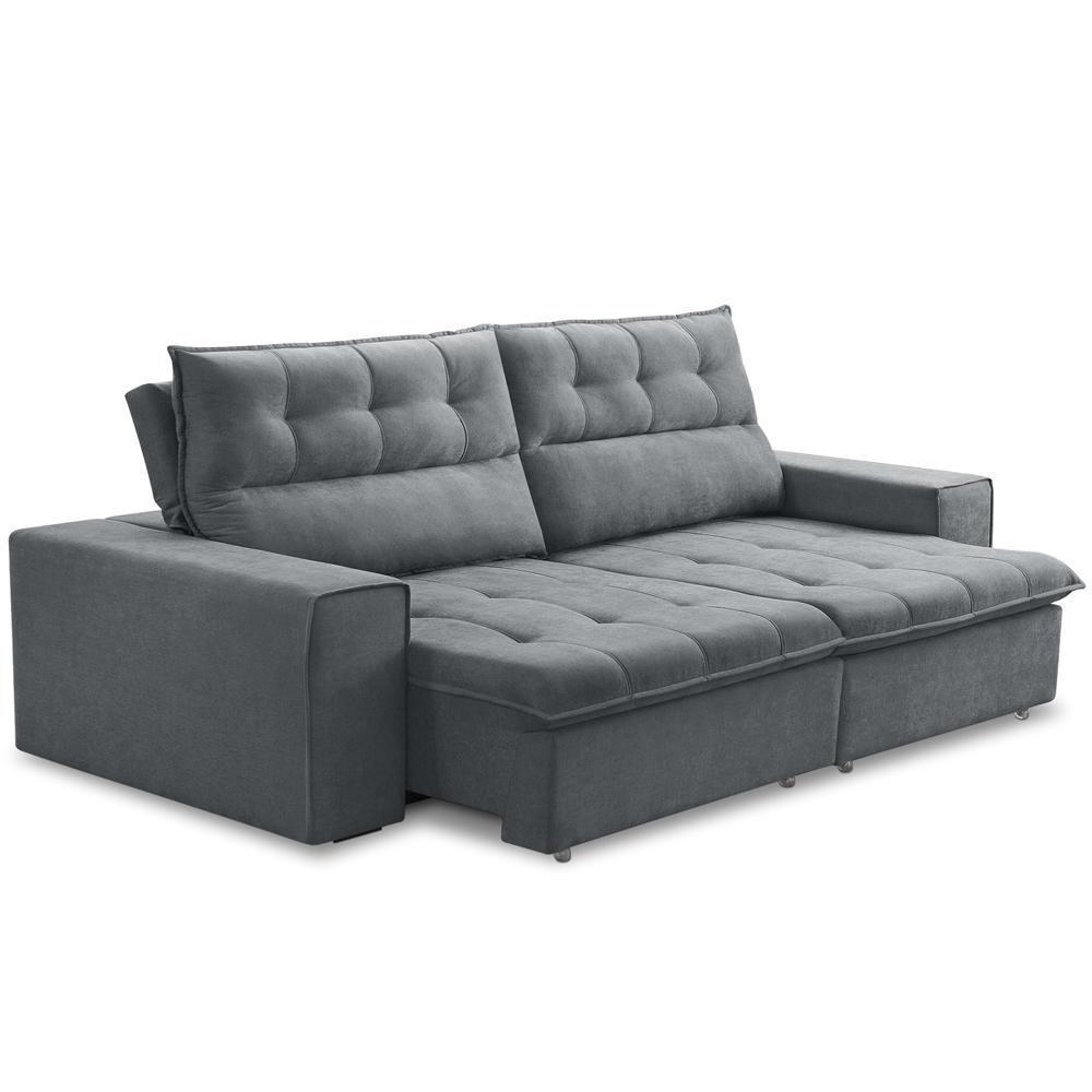 Sofá Retrátil Reclinável Para Sala 3 Lugares 240cm Neruda F04 Veludo Cinza Escuro - Lyam Decor - 1