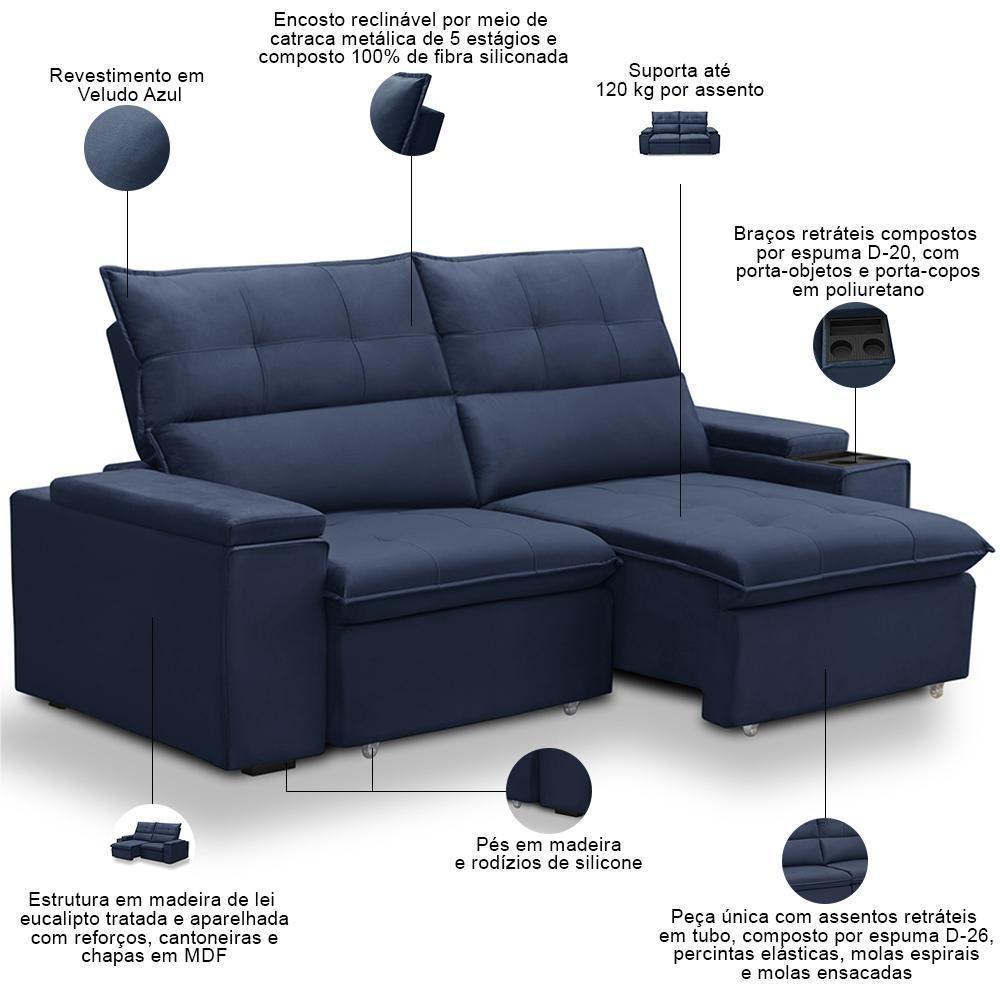 Sofá Retrátil Reclinável Para Sala 3 Lugares 230cm Niels F04 Veludo Azul - Lyam Decor - 4