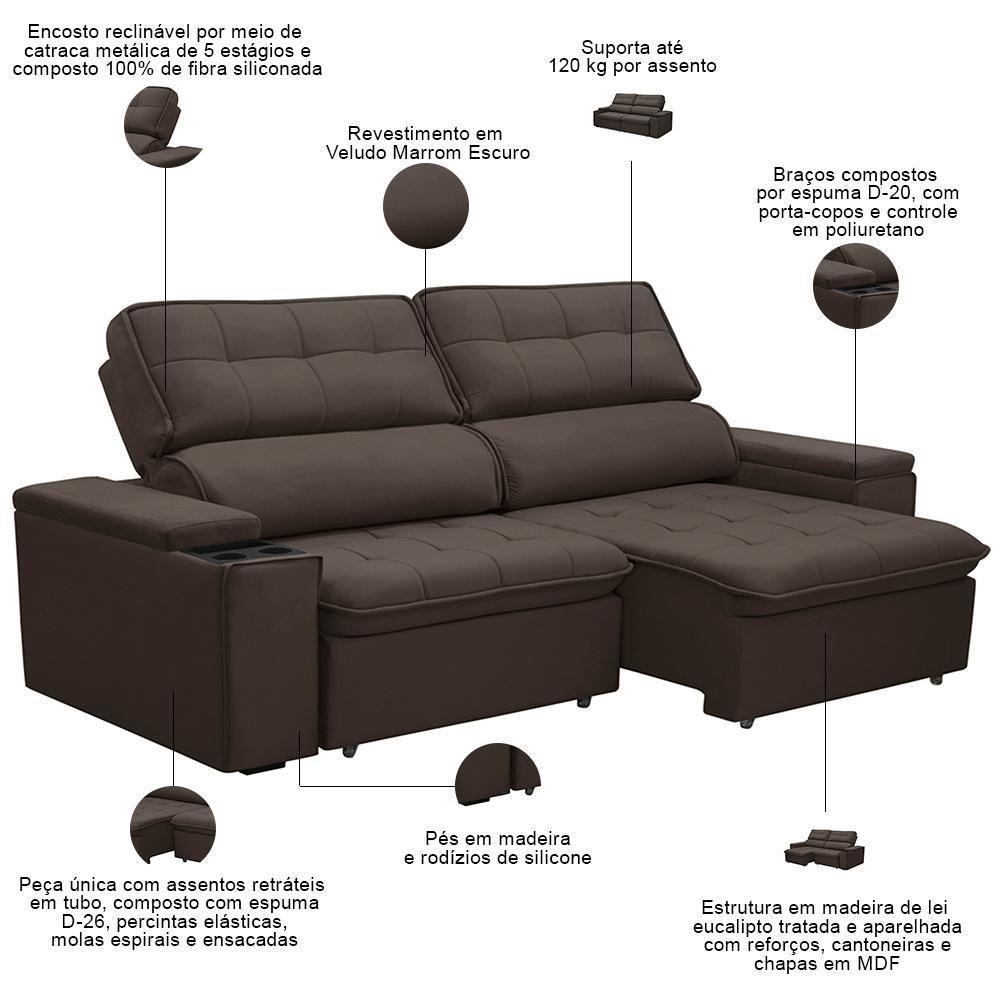 Sofá Retrátil Reclinável Para Sala 3 Lugares 230cm Nour F04 Veludo Marrom Escuro - Lyam Decor - 2