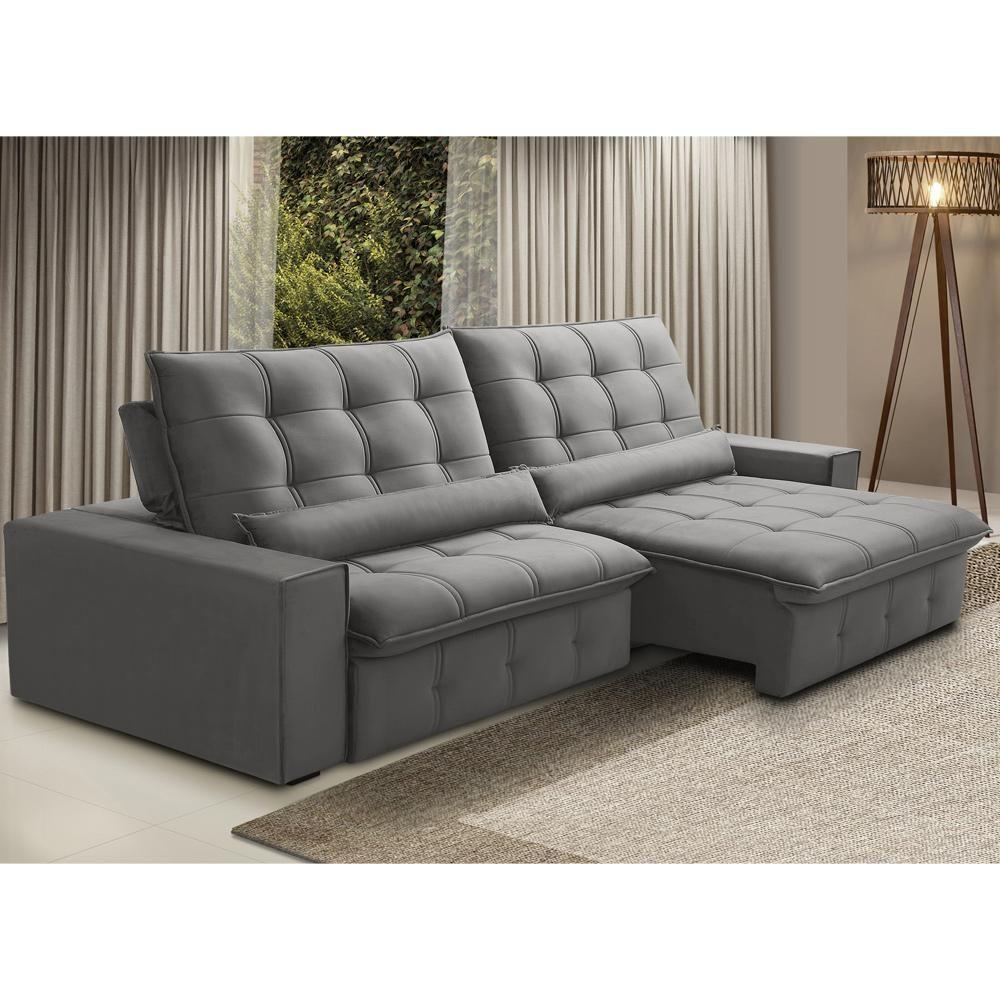 Sofá Retrátil Reclinável Para Sala 4 Lugares 290cm Curie F04 Veludo Cinza Claro - Lyam Decor - 2