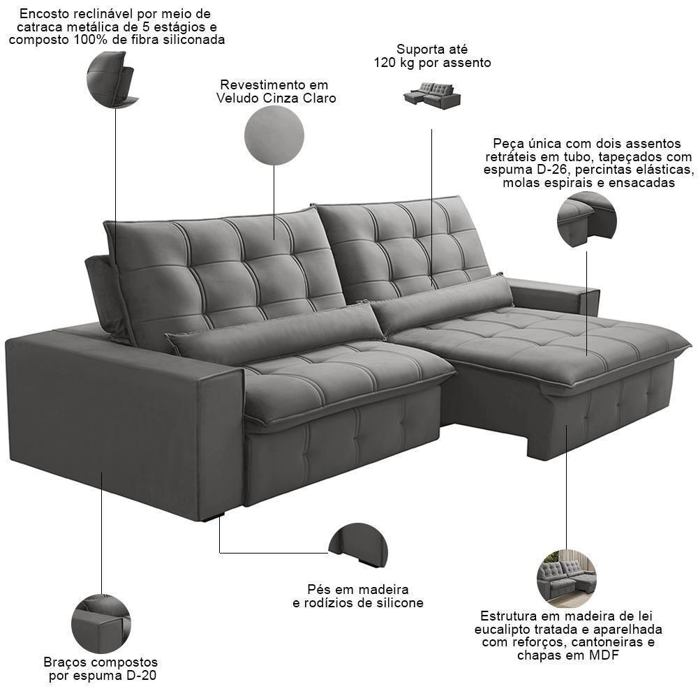Sofá Retrátil Reclinável Para Sala 4 Lugares 290cm Curie F04 Veludo Cinza Claro - Lyam Decor - 3