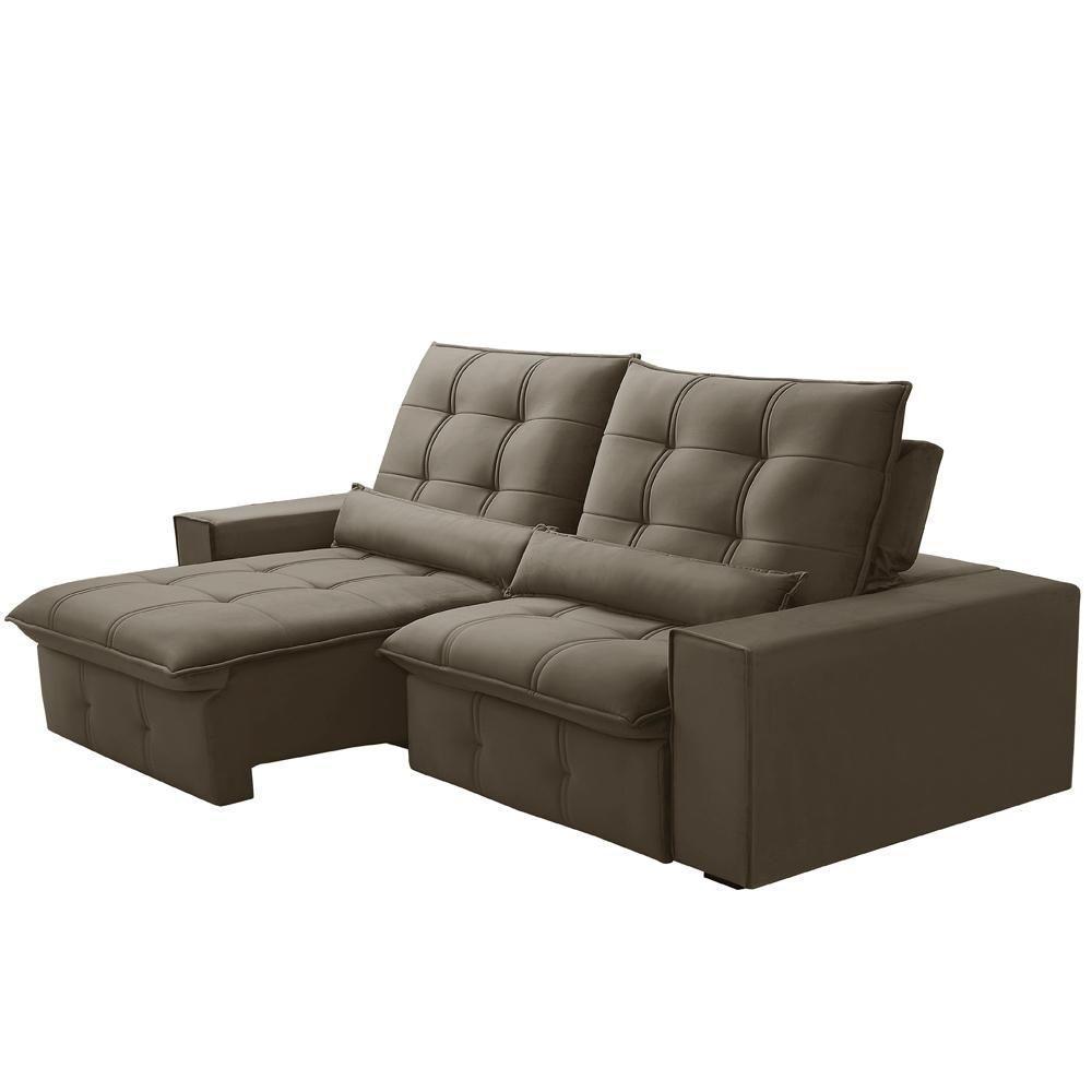 Sofá Retrátil Reclinável Para Sala 3 Lugares 250cm Curie F04 Veludo Marrom Claro - Lyam Decor - 7