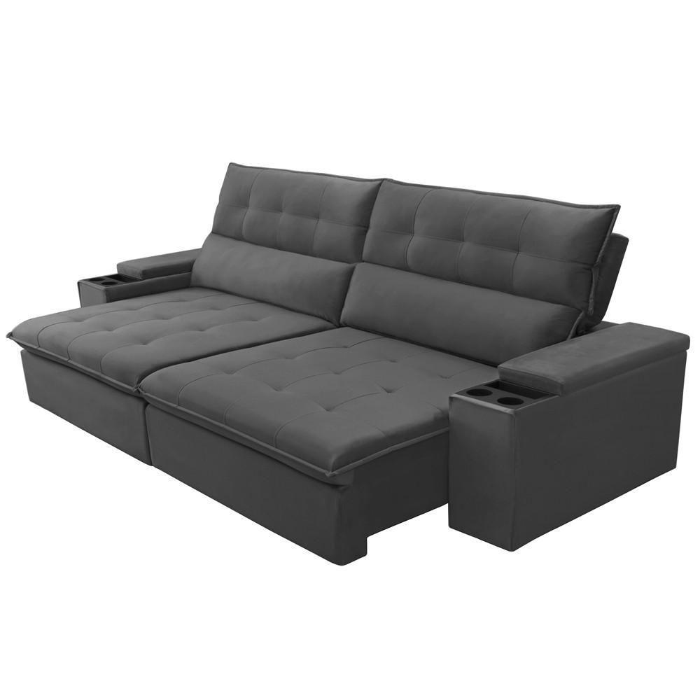 Sofá Retrátil Reclinável Para Sala 3 Lugares 250cm Niels F04 Veludo Cinza Escuro - Lyam Decor - 6