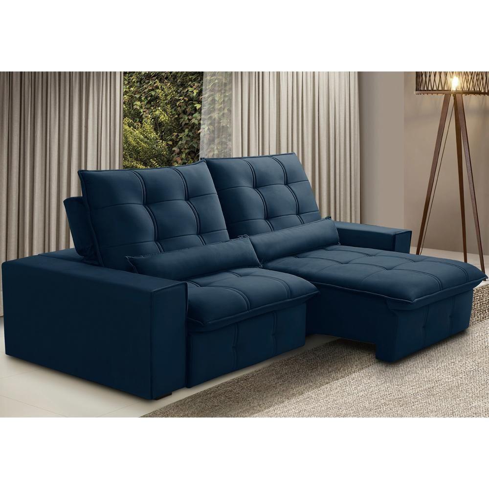 Sofá Retrátil Reclinável Para Sala 3 Lugares 250cm Curie F04 Veludo Azul - Lyam Decor - 2
