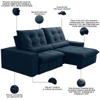Sofá Retrátil Reclinável Para Sala 3 Lugares 250cm Curie F04 Veludo Azul - Lyam Decor - 3