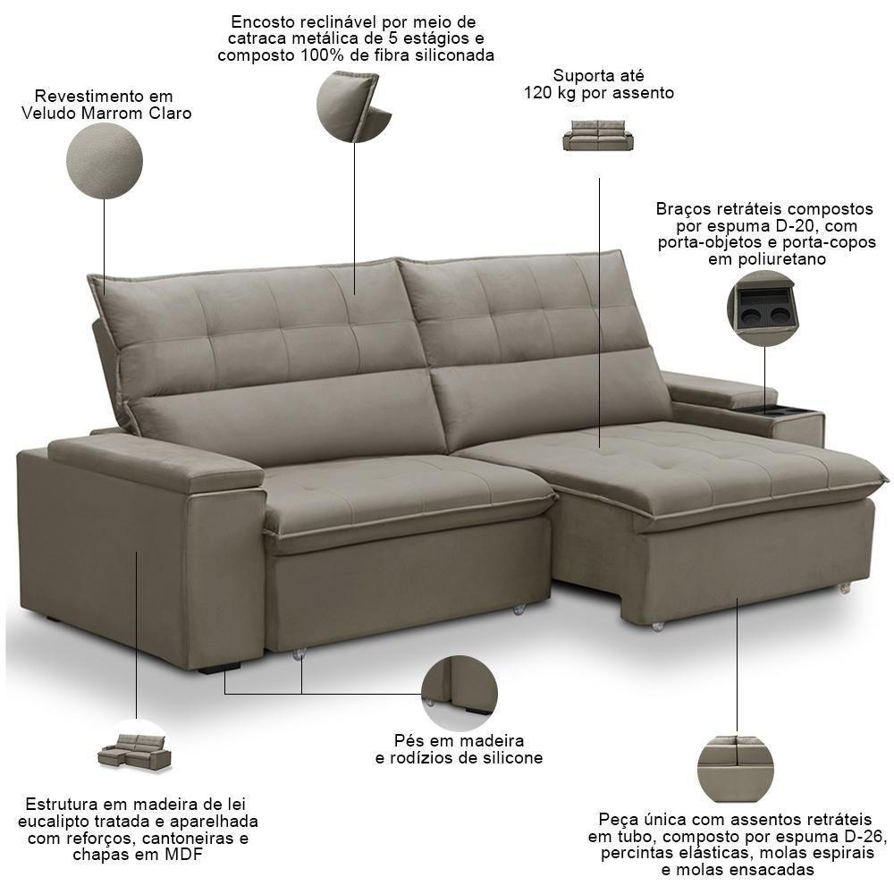 Sofá Retrátil Reclinável Para Sala 3 Lugares 250cm Niels F04 Veludo Marrom Claro - Lyam Decor - 4