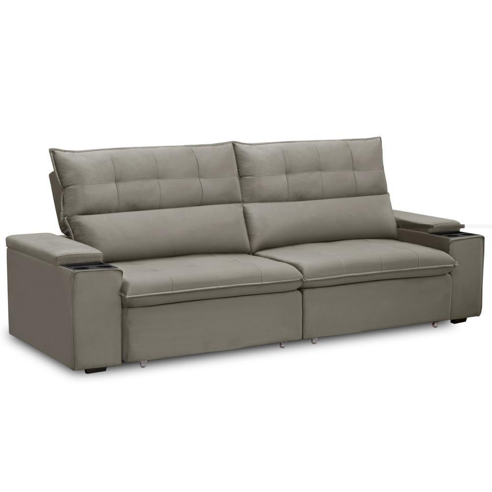 Sofá Retrátil Reclinável Para Sala 3 Lugares 250cm Niels F04 Veludo Marrom Claro - Lyam Decor - 6