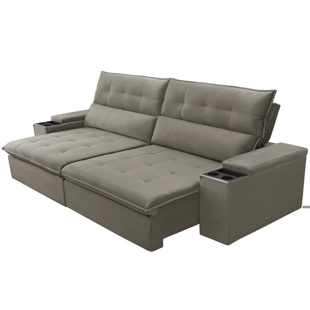 Sofá Retrátil Reclinável Para Sala 3 Lugares 250cm Niels F04 Veludo Marrom Claro - Lyam Decor - 10