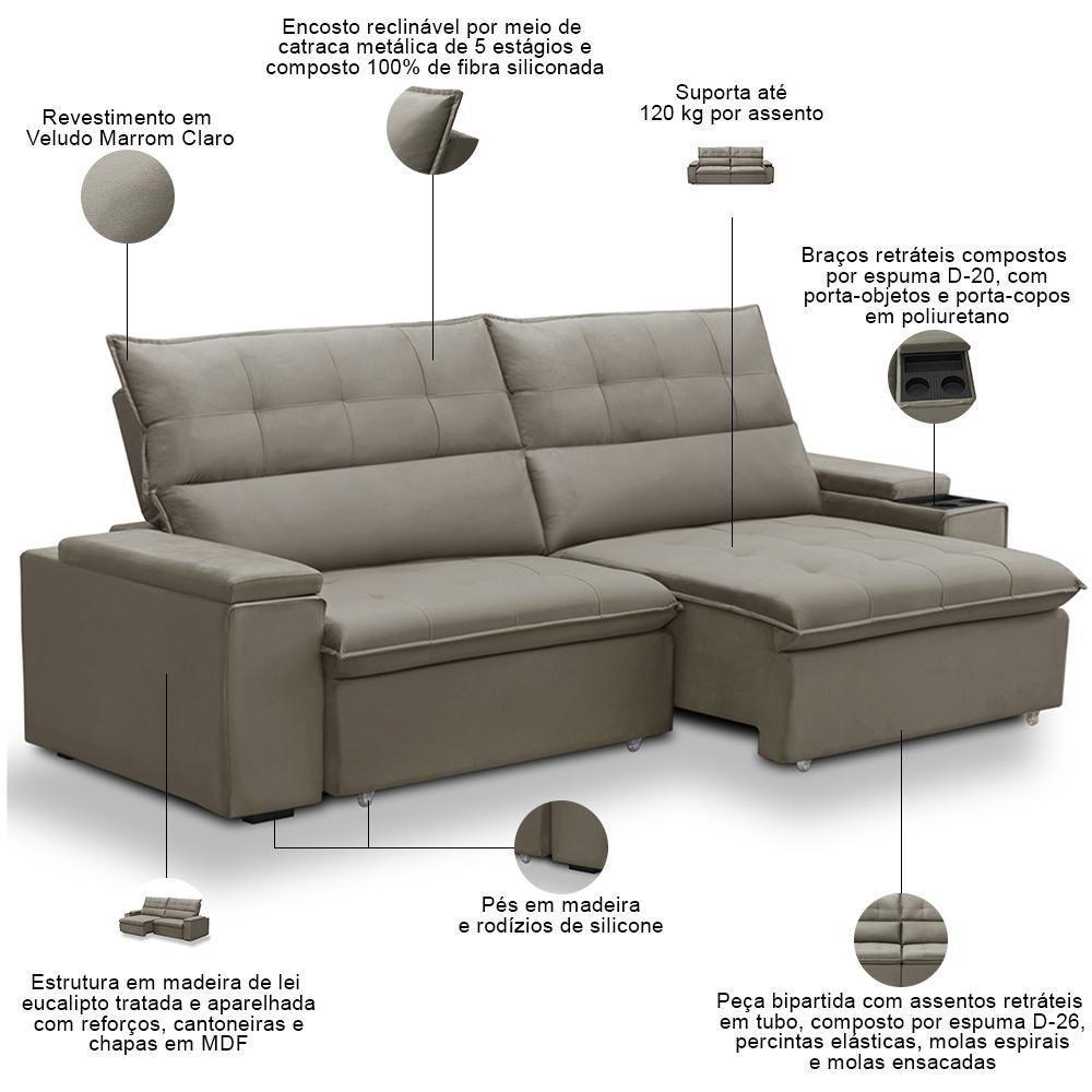 Sofá Retrátil Reclinável Para Sala 4 Lugares 270cm Niels F04 Veludo Marrom Claro - Lyam Decor - 4