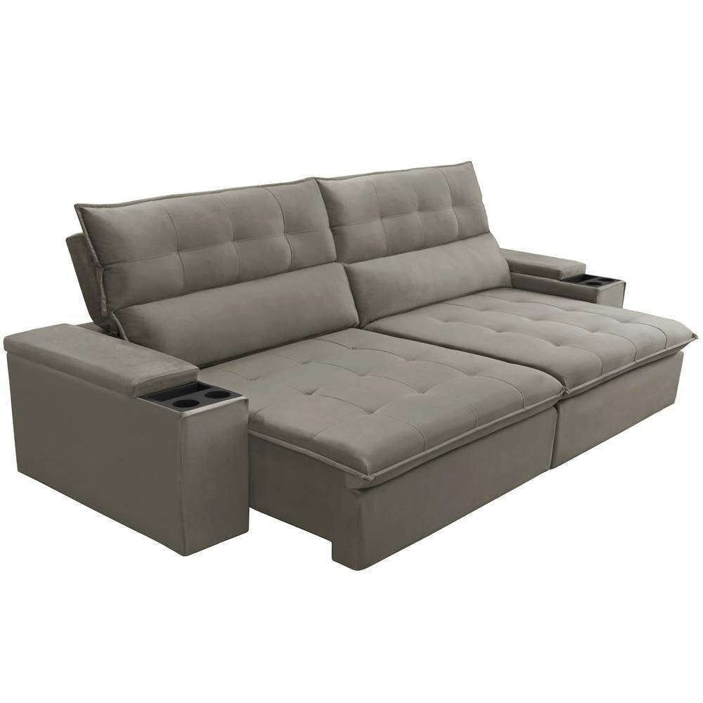 Sofá Retrátil Reclinável Para Sala 4 Lugares 270cm Niels F04 Veludo Marrom Claro - Lyam Decor - 7