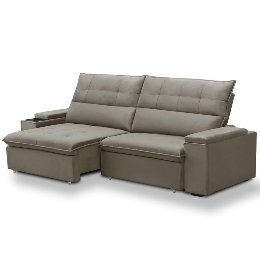 Sofá Retrátil Reclinável Para Sala 4 Lugares 270cm Niels F04 Veludo Marrom Claro - Lyam Decor - 9