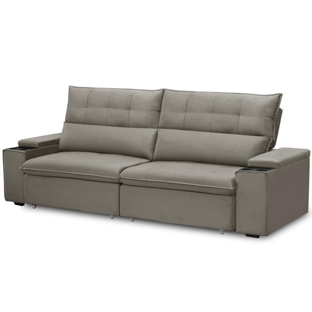 Sofá Retrátil Reclinável Para Sala 4 Lugares 270cm Niels F04 Veludo Marrom Claro - Lyam Decor - 10