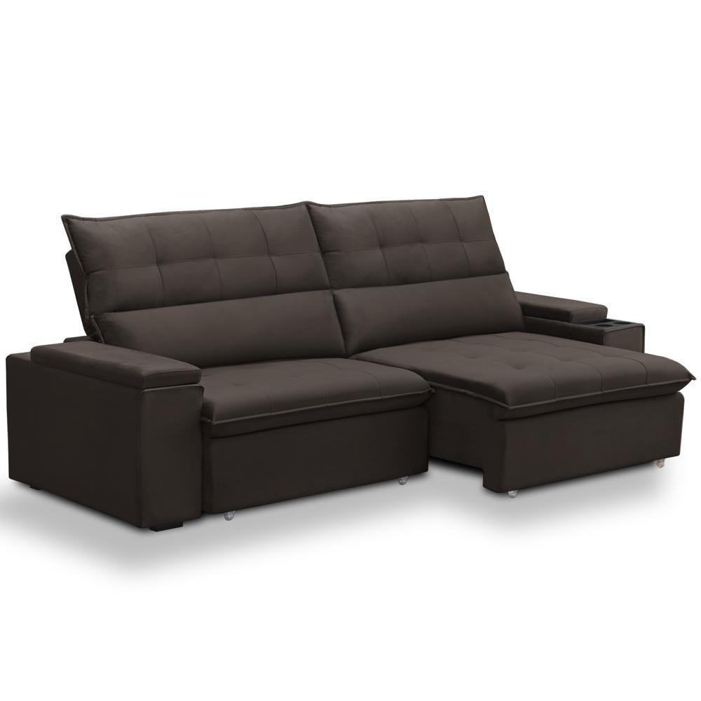 Sofá Retrátil Reclinável Para Sala 3 Lugares 250cm Niels F04 Veludo Marrom Escuro - Lyam Decor - 1