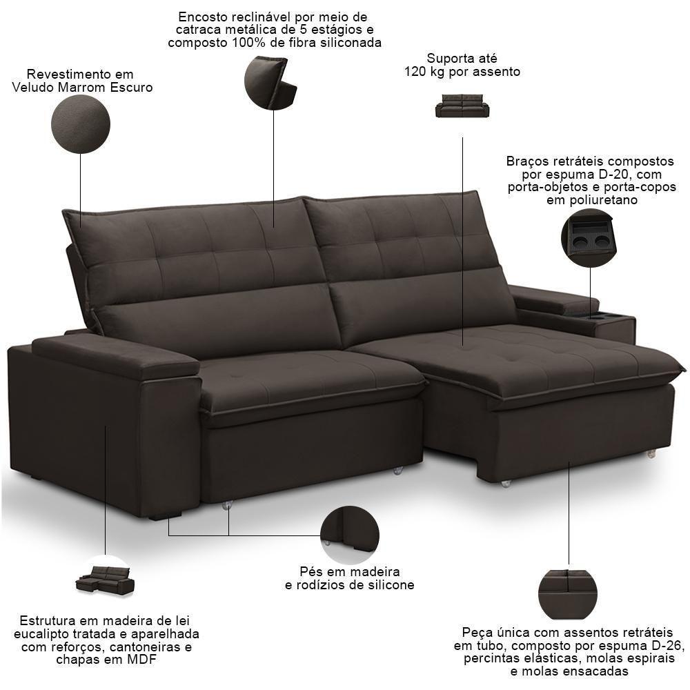Sofá Retrátil Reclinável Para Sala 3 Lugares 250cm Niels F04 Veludo Marrom Escuro - Lyam Decor - 4