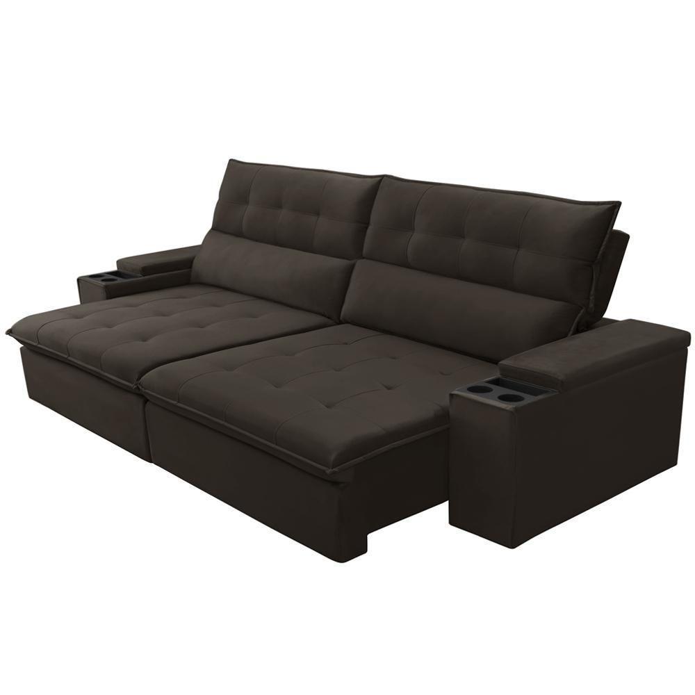 Sofá Retrátil Reclinável Para Sala 3 Lugares 250cm Niels F04 Veludo Marrom Escuro - Lyam Decor - 10