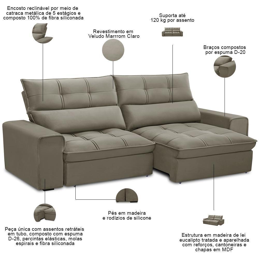 Sofá Retrátil Reclinável Para Sala 3 Lugares 250cm Asaph F04 Veludo Marrom Claro - Lyam Decor - 5