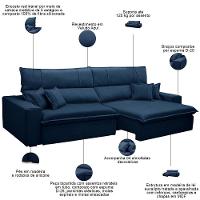 Sofá Retrátil Reclinável Para Sala 4 Lugares 290cm Aisha F04 Veludo Azul - Lyam Decor - 3