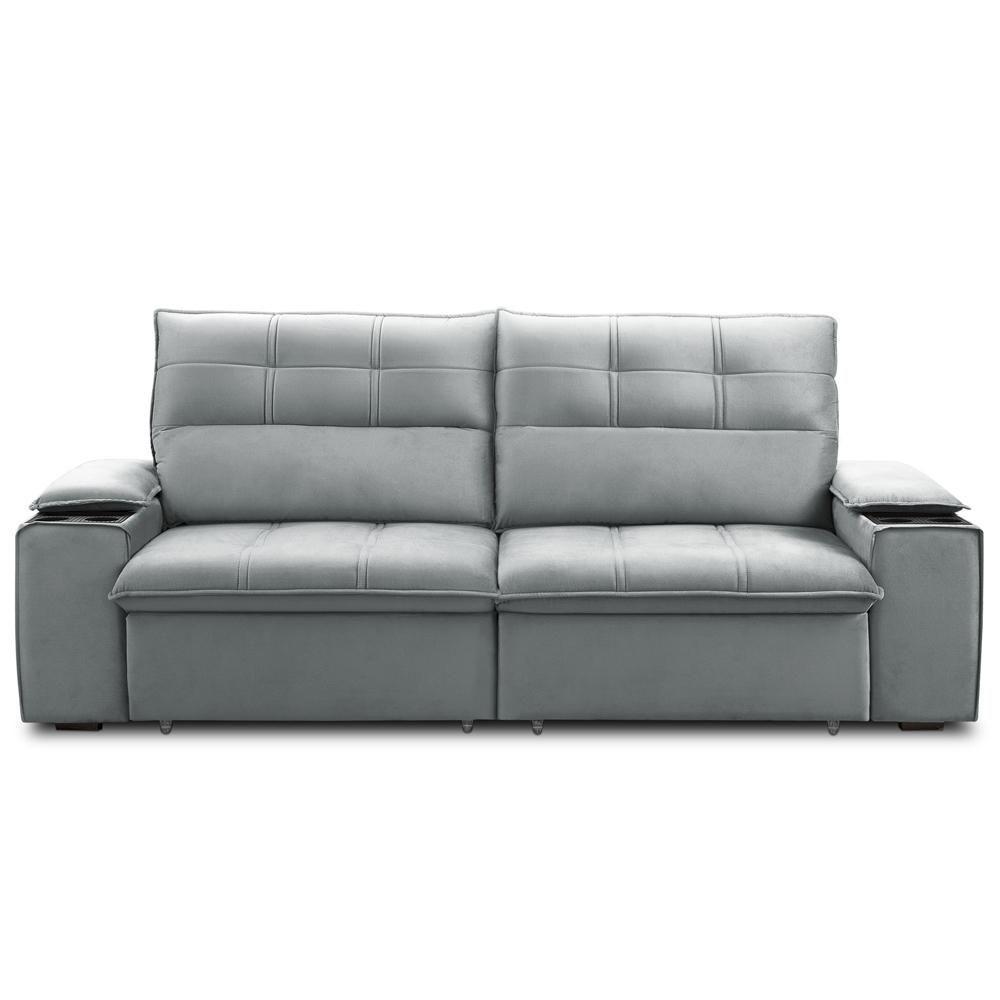 Sofá Retrátil Reclinável Para Sala 3 Lugares 230cm Zayn F04 Veludo Cinza Claro - Lyam Decor - 3