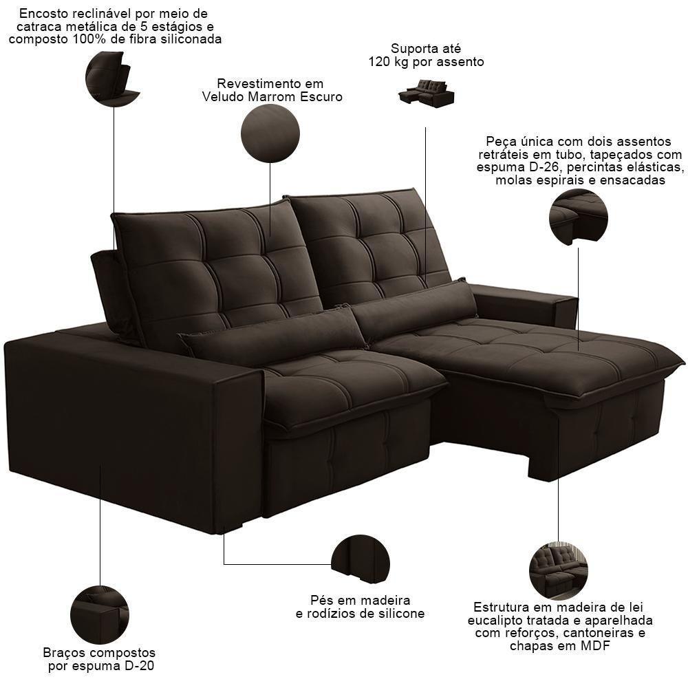 Sofá Retrátil Reclinável Para Sala 3 Lugares 250cm Curie F04 Veludo Marrom Escuro - Lyam Decor - 3