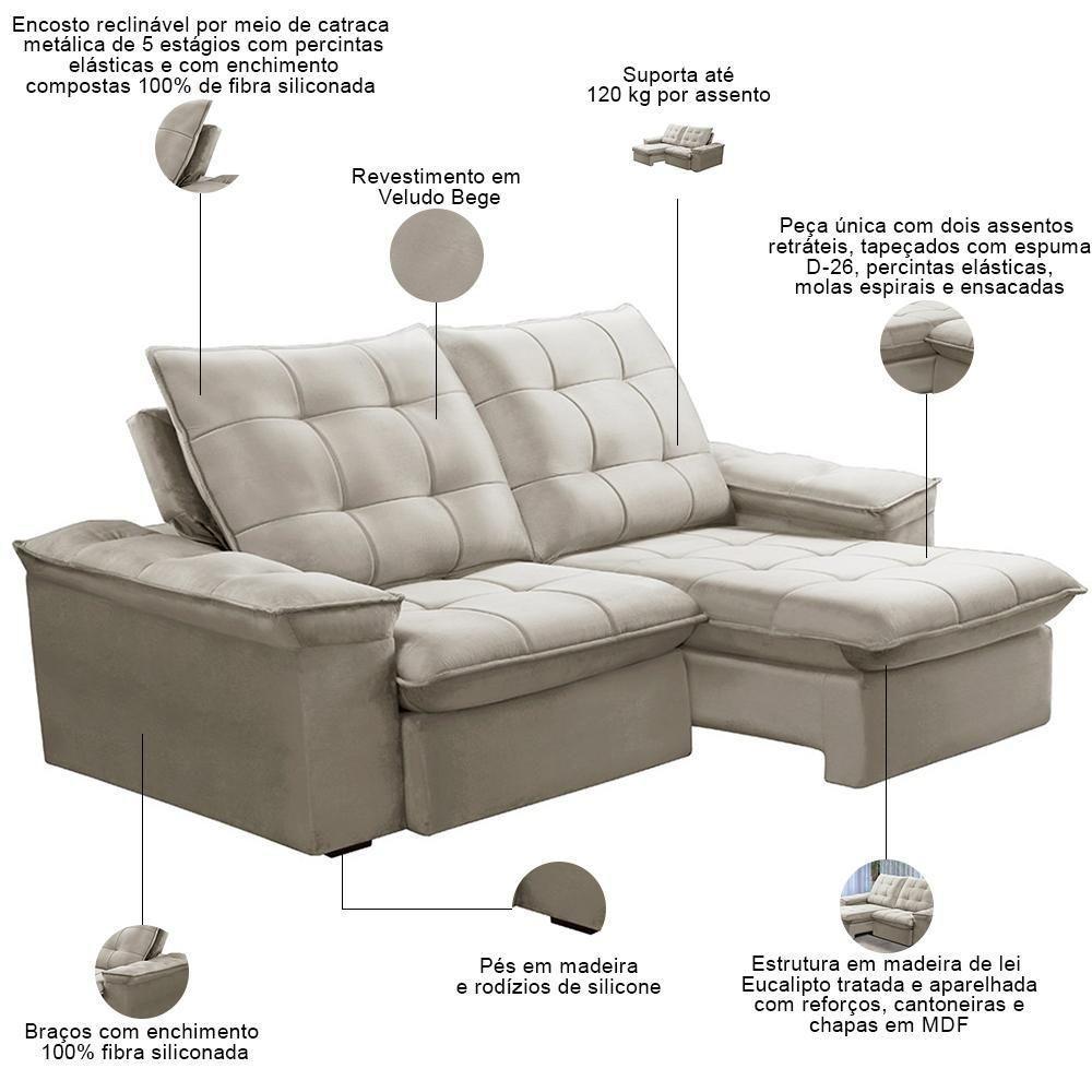 Sofá Retrátil Reclinável Para Sala 3 Lugares 230cm Nijma F04 Veludo Bege - Lyam Decor - 3