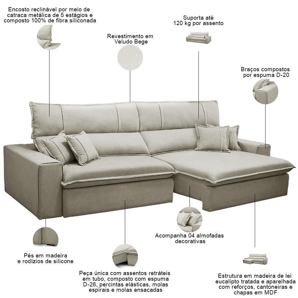 Sofá Retrátil Reclinável Para Sala 3 Lugares 210cm Aisha F04 Veludo Bege - Lyam Decor - 6