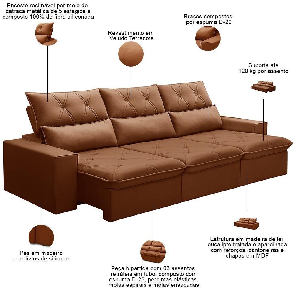 Sofá Retrátil Reclinável Para Sala 3 Lugares 230cm Aires F04 Veludo Terracota - Lyam Decor - 2