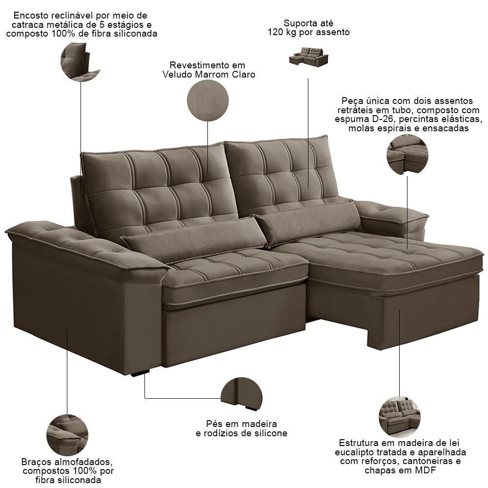 Sofá Retrátil Reclinável Para Sala 3 Lugares 210cm Maresi F04 Veludo Marrom Claro - Lyam Decor - 3