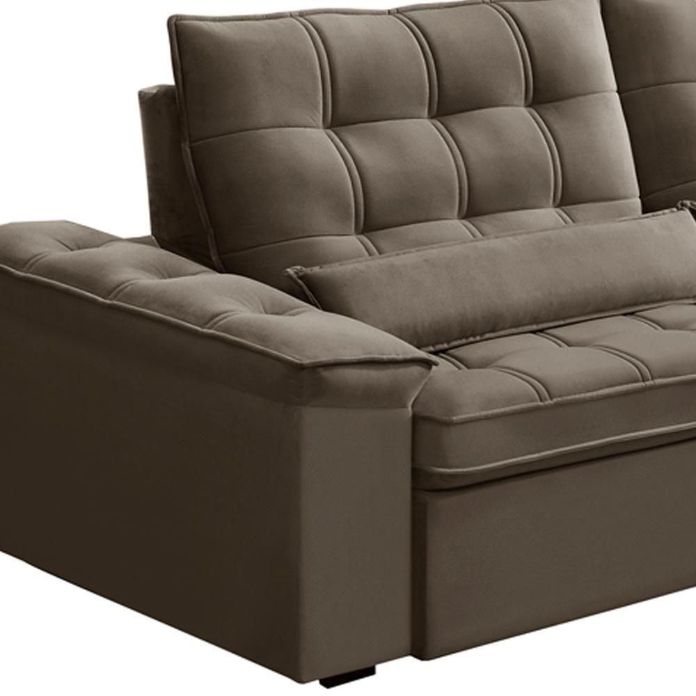 Sofá Retrátil Reclinável Para Sala 3 Lugares 210cm Maresi F04 Veludo Marrom Claro - Lyam Decor - 6