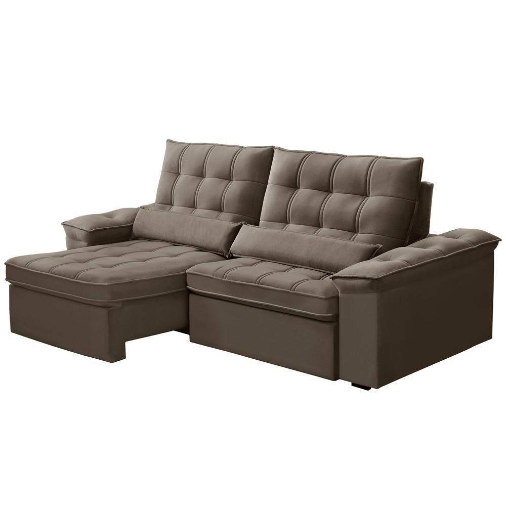 Sofá Retrátil Reclinável Para Sala 3 Lugares 210cm Maresi F04 Veludo Marrom Claro - Lyam Decor - 7