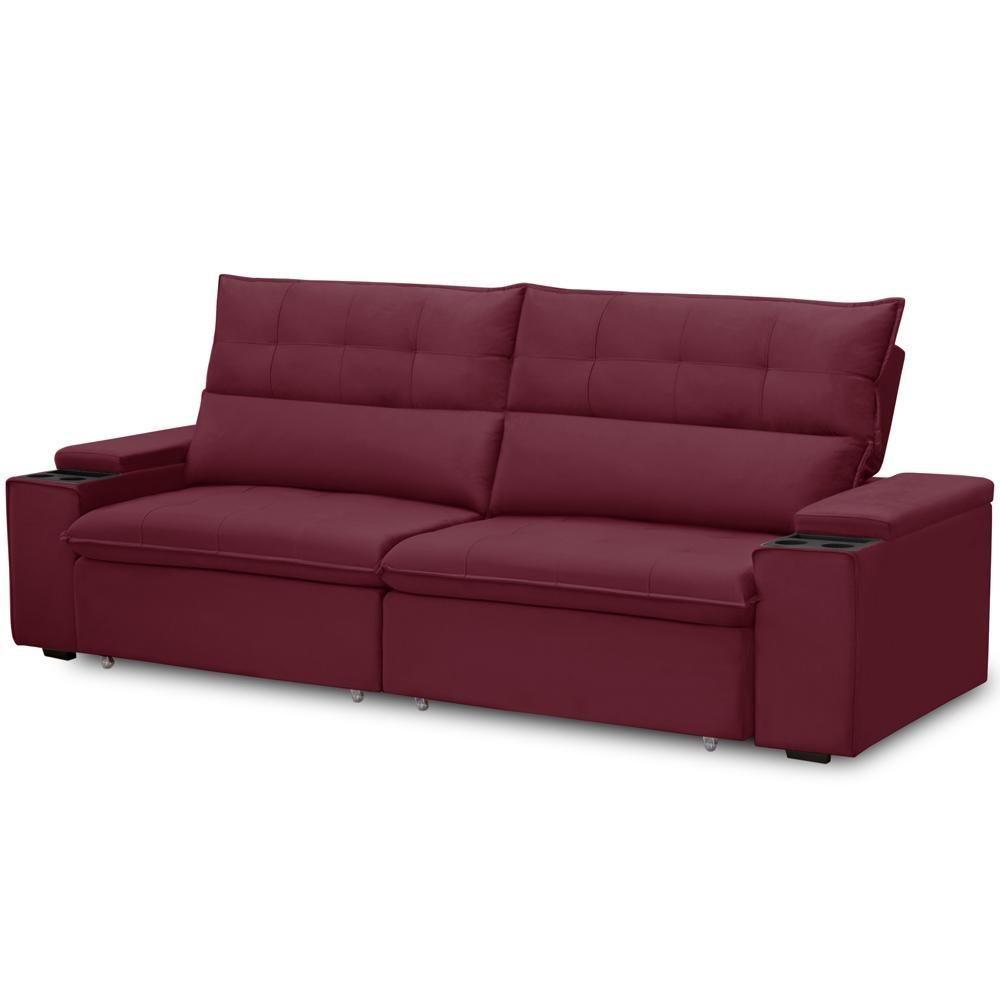 Sofá Retrátil Reclinável Para Sala 3 Lugares 250cm Niels F04 Veludo Vermelho - Lyam Decor - 5