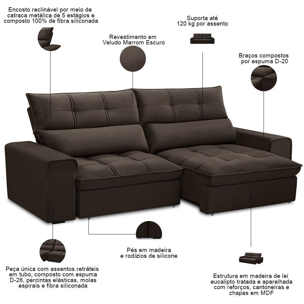 Sofá Retrátil Reclinável Para Sala 3 Lugares 250cm Asaph F04 Veludo Marrom Escuro - Lyam Decor - 4