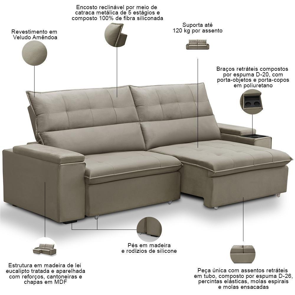 Sofá Retrátil Reclinável Para Sala 3 Lugares 250cm Niels F04 Veludo Amêndoa - Lyam Decor - 6