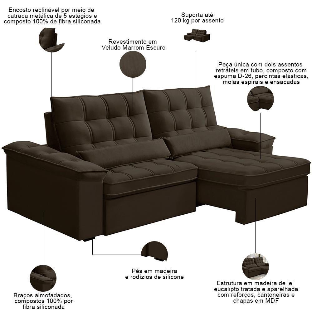 Sofá Retrátil Reclinável Para Sala 3 Lugares 250cm Maresi F04 Veludo Marrom Escuro - Lyam Decor - 3