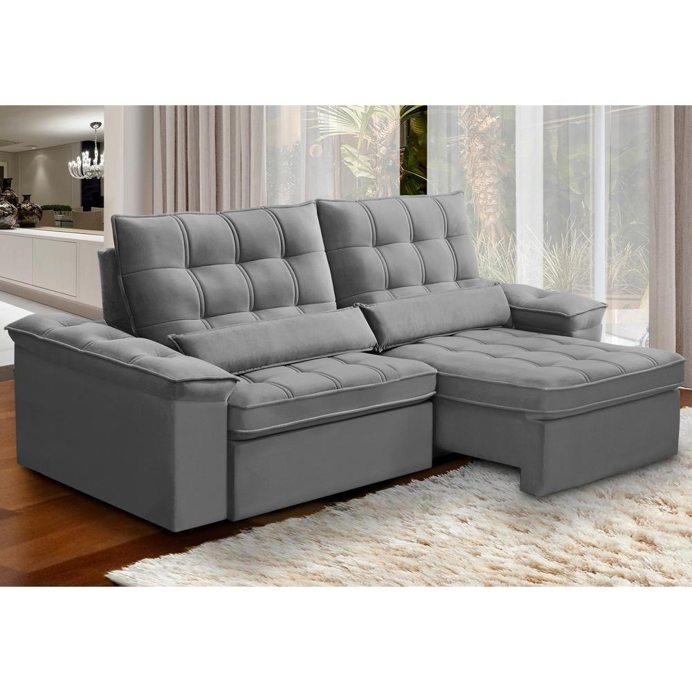 Sofá Retrátil Reclinável Para Sala 3 Lugares 250cm Maresi F04 Veludo Cinza Claro - Lyam Decor - 2