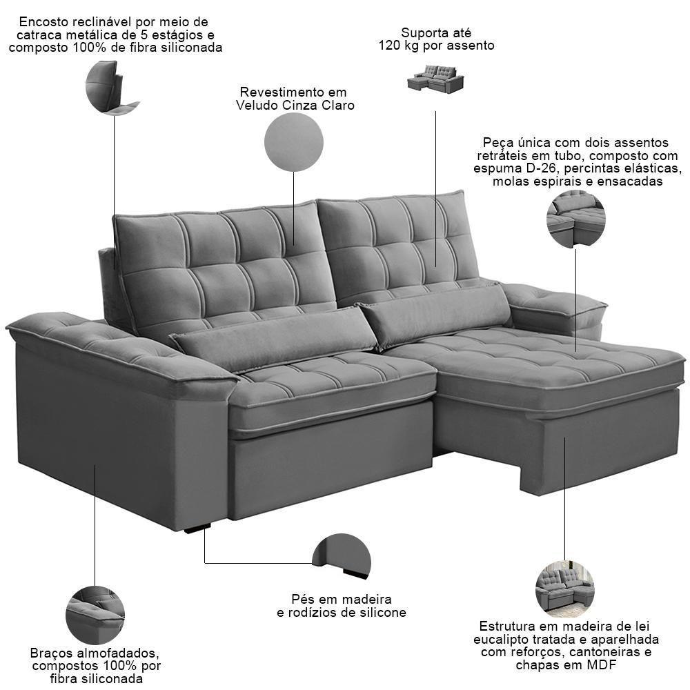 Sofá Retrátil Reclinável Para Sala 3 Lugares 250cm Maresi F04 Veludo Cinza Claro - Lyam Decor - 3