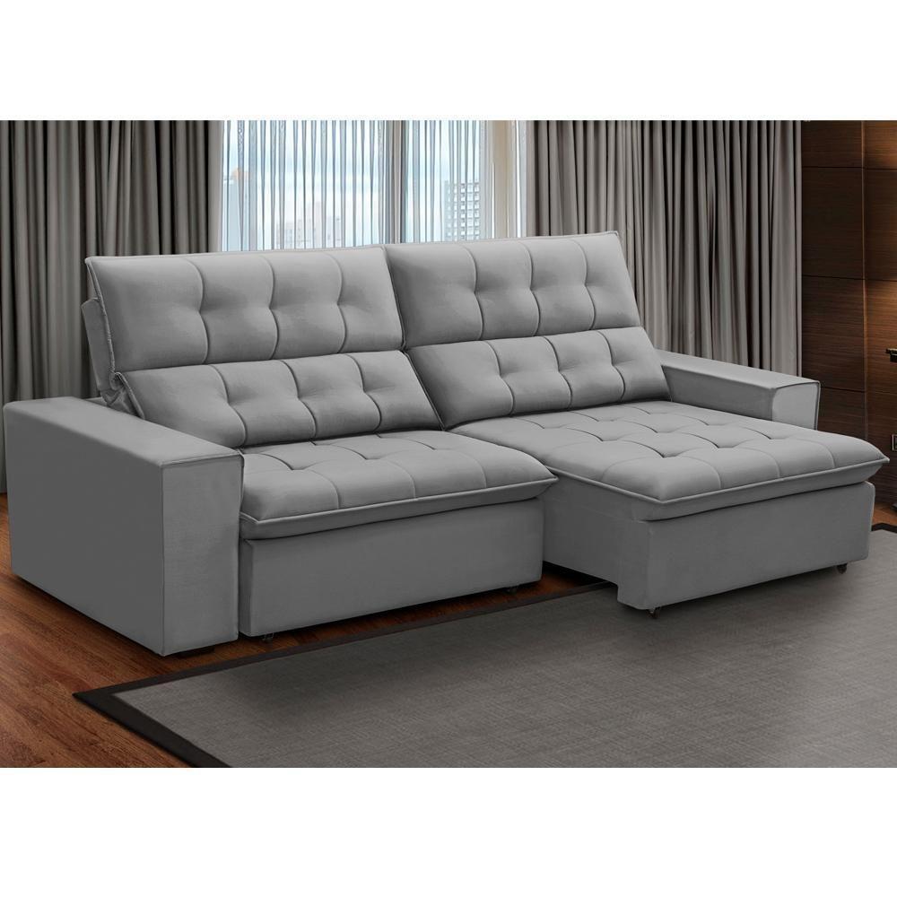 Sofá Retrátil Reclinável Para Sala 3 Lugares 250cm Vincent F04 Veludo Cinza Claro - Lyam Decor - 2