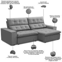 Sofá Retrátil Reclinável Para Sala 3 Lugares 250cm Vincent F04 Veludo Cinza Claro - Lyam Decor - 3