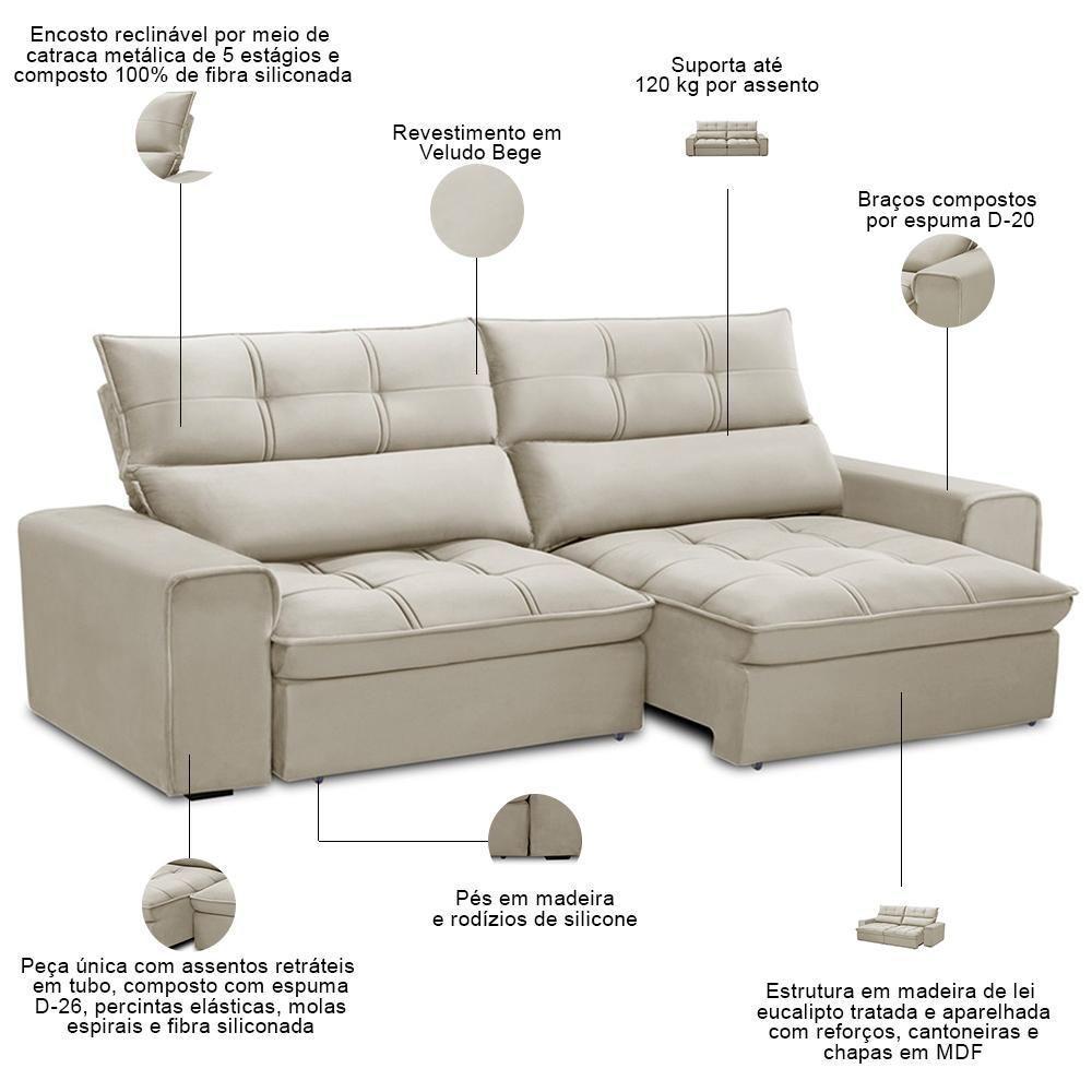 Sofá Retrátil Reclinável Para Sala 3 Lugares 250cm Asaph F04 Veludo Bege - Lyam Decor - 7