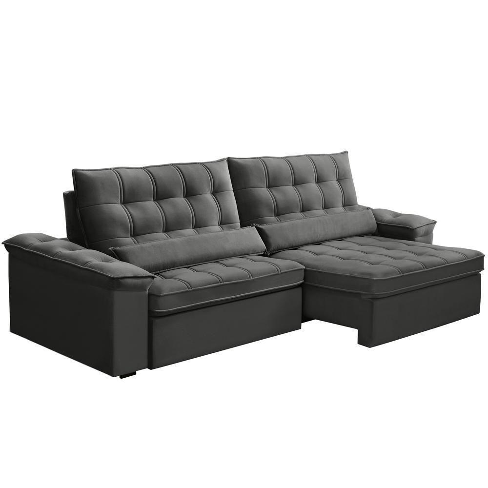 Sofá Retrátil Reclinável Para Sala 4 Lugares 290cm Maresi F04 Veludo Cinza Escuro - Lyam Decor - 1
