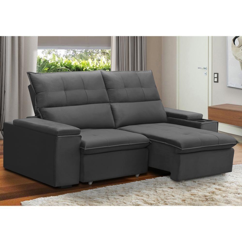 Sofá Retrátil Reclinável Para Sala 3 Lugares 230cm Niels F04 Veludo Cinza Escuro - Lyam Decor - 2