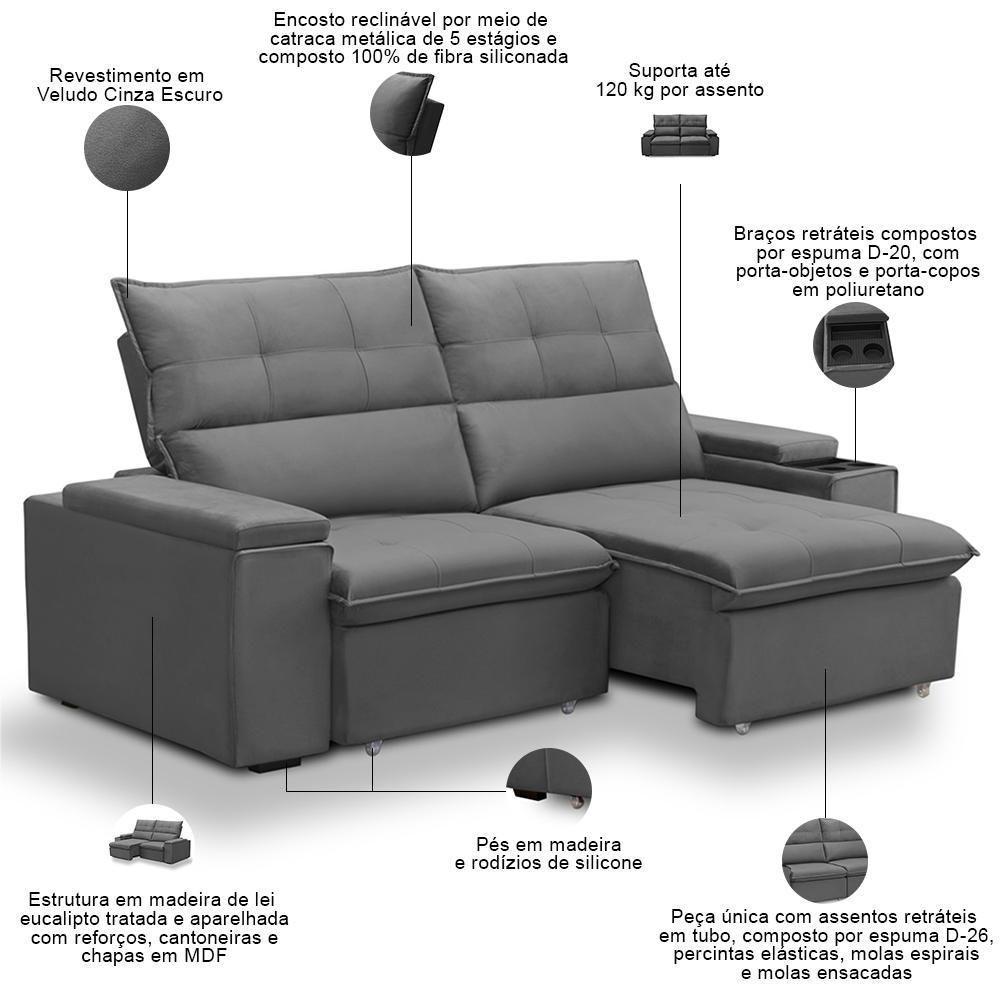 Sofá Retrátil Reclinável Para Sala 3 Lugares 230cm Niels F04 Veludo Cinza Escuro - Lyam Decor - 4